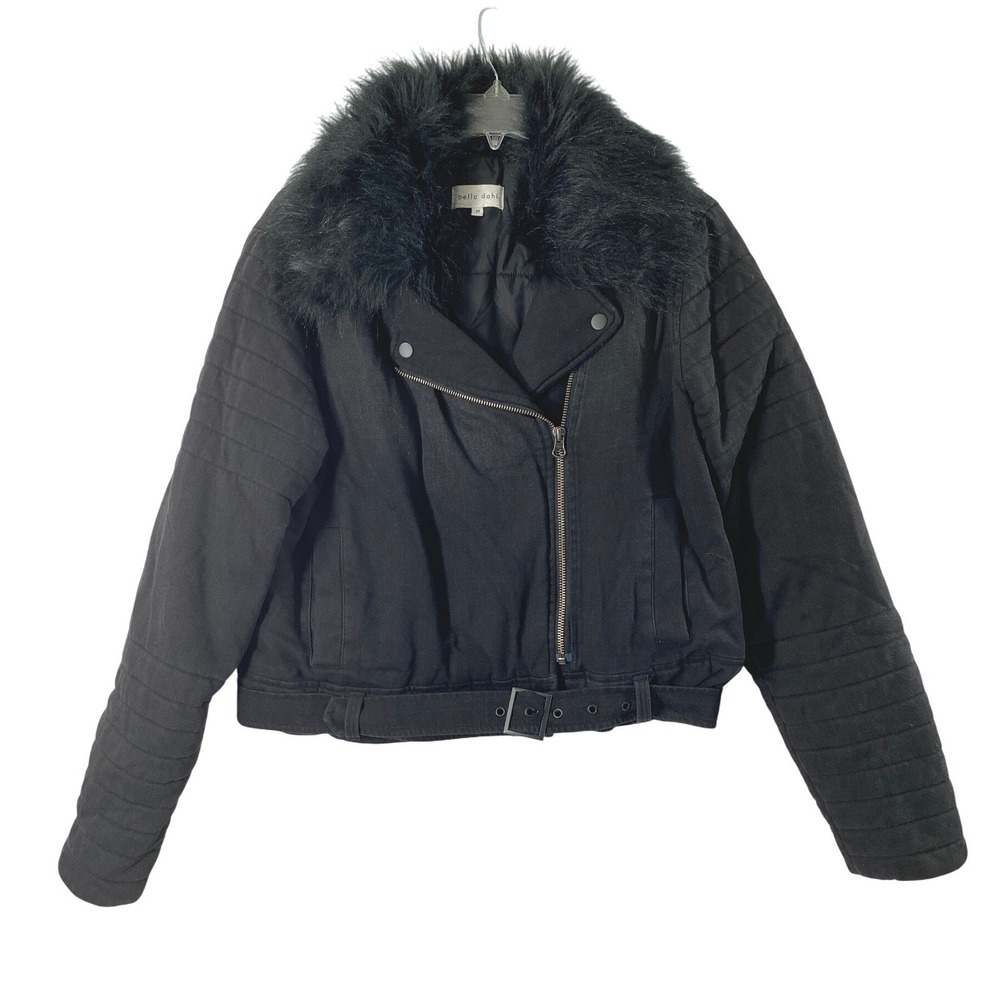 Womens Moto Jacket Size Medium Black Faux Fur Collar Coat Edgy Punk‎ Biker Goth